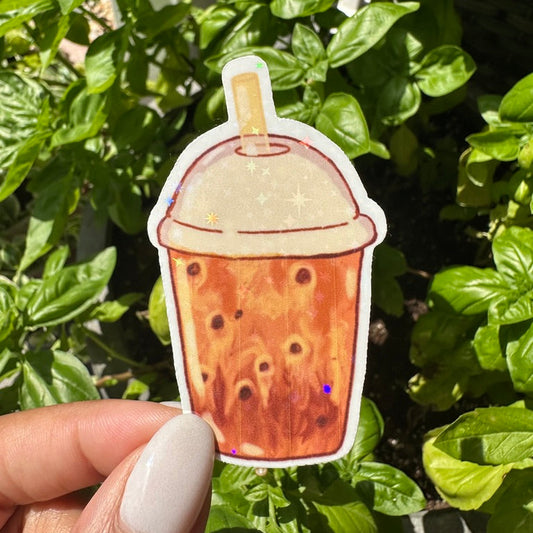 A die-cut sticker of an iced coffee or chai tea or iced tea drink with a beige foam top. Stickers for water bottle, laptop sticker, cute sticker, cool sticker  