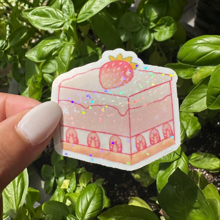 A die-cut sticker featuring a cute strawberry  cheesecake sticker , set against a background of a cozy garden. Stickers for water bottle, laptop sticker, cute sticker, cool sticker 