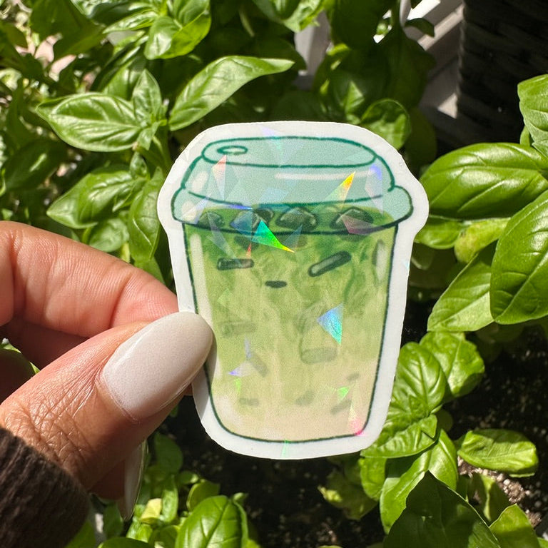 A die-cut sticker of an matcha ice tea drink. Stickers for water bottle, laptop sticker, cute sticker, cool sticker
