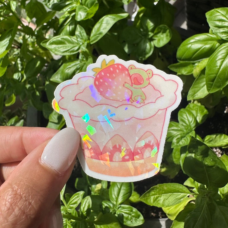 Cute die cut strawberry parfait sticker in a cozy garden setting , popular sticker , Stickers for water bottle, laptop sticker, cute sticker, cool sticker