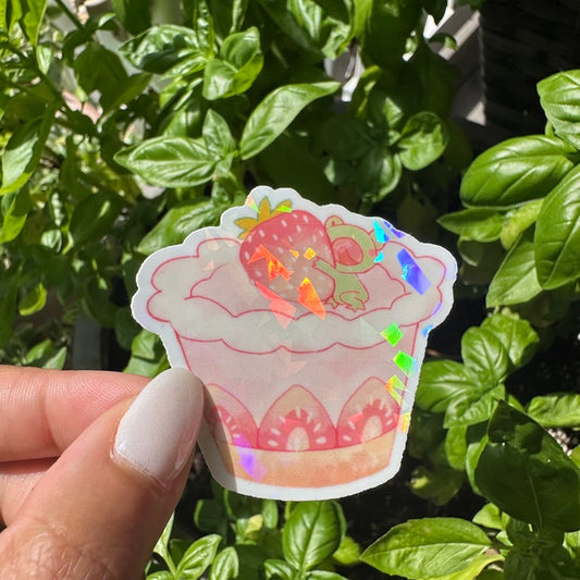 Cute die cut strawberry parfait sticker in a cozy garden setting , popular sticker , Stickers for water bottle, laptop sticker, cute sticker, cool sticker