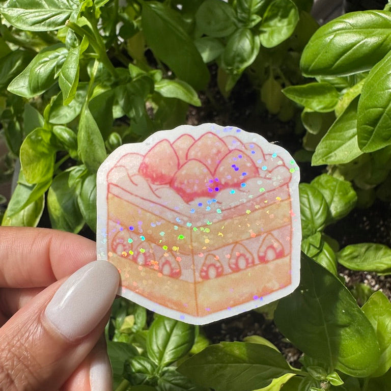 A die-cut sticker featuring a cute strawberry shortcake cake sticker , set against a background of a cozy garden. Stickers for water bottle, laptop sticker, cute sticker, cool sticker 