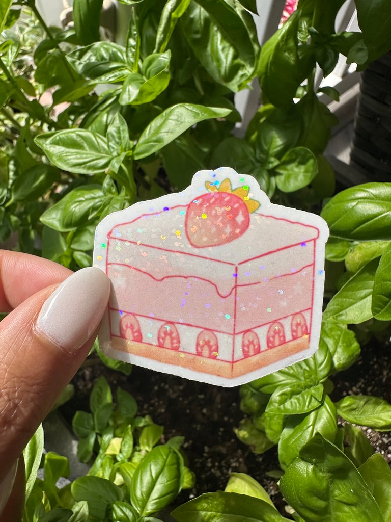 A die-cut sticker featuring a cute strawberry  cheesecake sticker , set against a background of a cozy garden. Stickers for water bottle, laptop sticker, cute sticker, cool sticker 